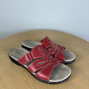 Croft & Barrow Red Laser Cut Floral Slide Sandals Women's 7 Boho Summer Comfort